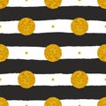 Tile vector pattern with black and white stripes and golden polka dots background Royalty Free Stock Photo