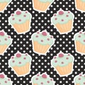 Tile vector pattern with cupcakes and polka dots on black background Royalty Free Stock Photo