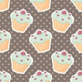 Tile vector pattern with cupcakes and polka dots on brown background Royalty Free Stock Photo