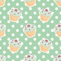 Tile vector pattern with cupcakes and polka dots on mint green background Royalty Free Stock Photo