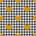 Tile vector pattern with golden hearts and black and white houndstooth background