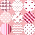 Tile vector pattern with polka dots, cupcakes and zig zag stripes on pink background Royalty Free Stock Photo