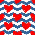 Tile vector pattern with red hearts on blue and white chevron background Royalty Free Stock Photo