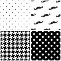 Tile vector pattern set with black and white dots, houndstooth pattern and mustache background