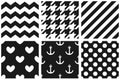 Tile vector pattern set with chevron, zig zag, polka dots, sailor, hearts and stripe background