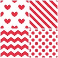 Tile vector pattern set with red polka dots, stripes, zig zag print and hearts on white background Royalty Free Stock Photo