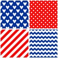 Tile vector pattern set with white polka dots and strips on red and blue background Royalty Free Stock Photo