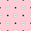 Tile vector pattern with white cats and black polka dots on pink background