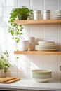 Tiled background and shelves with dishes. Different tableware backdrop. Dishes in cupboard in kitchen. Kitchenware. Kitchen