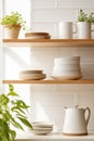 Tiled background and shelves with dishes. Different tableware backdrop. Dishes in cupboard in kitchen. Kitchenware. Kitchen