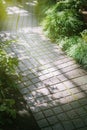 Tiled garden path background, sunny day, light and shadows