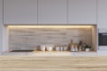 Tiled kitchen, wooden countertop blur