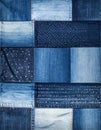 Tiled Patchwork of Denim Fabric in Blue Indigo Shades Close Up Patterned Textile Royalty Free Stock Photo
