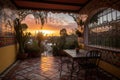 a tiled patio with view of the sunset, set for a romantic al fresco dinner Royalty Free Stock Photo