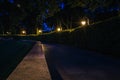 The tiled road in the night green park with lanterns in summer. Benches in the park during the summer season at night. Royalty Free Stock Photo