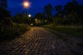 The tiled road in the night green park with lanterns in summer. Benches in the park during the summer season at night. Royalty Free Stock Photo