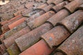 tiled roof supported on a double pitch roof, the old tiles tend to slip over time, because they are not fixed. Royalty Free Stock Photo