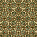 Tiled round 3d mandalas seamless pattern. Vector ornamental surface background. Damask arabesque style repeat backdrop. Deco gold