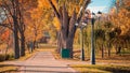 tiled walking alley in the autumn city park with bright autumn foliage on large trees, street lights in good weather on a nice day