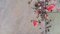 Tiles floor with broken pieces of red ceramic pot and brown soil Royalty Free Stock Photo