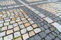 Tiles texture. Pattern of ancient german cobblestone in city downtown. Little granite paving stones. Antique gray pavements