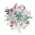 Tillandsia, echeveria succulents, pale dusty pink roses, eucalyptus, greenery