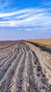 Tilled soil ridges furrows in dry ploughed field Agriculture farming land farm sol laboure, suelo labrado, solo arado, image photo Royalty Free Stock Photo