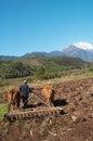 Tilling the field at foot of snow mountain Royalty Free Stock Photo