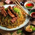 Tilt angle view Green noodle crispy pork and roast duck.