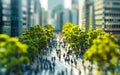 A tilt-shift effect blurs a dynamic urban scene, highlighting the motion of miniature-like pedestrians amidst green