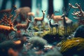 Tilt shift effect. Fantasy forest with cute little deers. Miniature. Generative AI