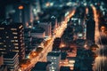 Tilt shift effect. Night city with modern buildings. Aerial view. Generative AI Royalty Free Stock Photo