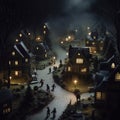 Tilt shift effect. Night small village with cozy houses. Generative AI