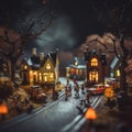 Tilt shift effect. Night small village with cozy houses. Generative AI