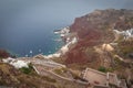 Tilt shift effect of Oia Ammoudi bay with awesome red cliffs on a rainy day