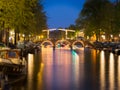 Tilt shift image of skinny bridge on canal in Amsterdam Royalty Free Stock Photo