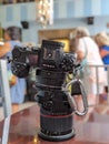 tilt and shift lens on a camera in coffee shop Royalty Free Stock Photo