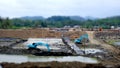 Tilt shift photo about blue excavator