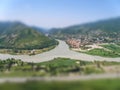 Tilt-Shift Photo of the town of Mtskheta, Georgia. Top view on the confluence of rivers. The confluence of two rivers.