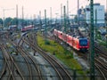 Tilt shift picture of train leaving a railway station