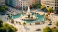 Tilt-shift scene with a city fountain, which gives the impression that water has turned into a brilliant stream