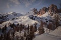 Tilt shift view of the snow-covered slopes at the foot of the dolomite peaks Royalty Free Stock Photo