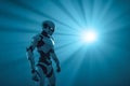Tilted Android with Backlit Blue Spotlight Haze Royalty Free Stock Photo