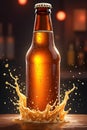 A tilted beer bottle with a dynamic splash of golden liquid and droplets