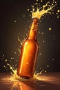 A tilted beer bottle with a dynamic splash of golden liquid and droplets
