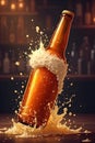 A tilted beer bottle with a dynamic splash of golden liquid and droplets