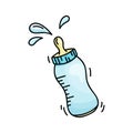 Tilted blue baby bottle with pacifier and flying milk drops. Cartoon doodle icon on white background. Isolated symbol of newborn