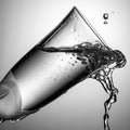 Tilted champagne glass close-up with frozen water jet and splashes in white backlight. Stop motion photography