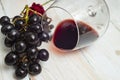 tilted glass of wine with black grapes on wood boards