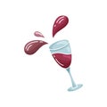 Tilted glass with wine and flying splashes. Cutout flat image. Hand drawn vector drink concept. Color illustration of red wine. Royalty Free Stock Photo